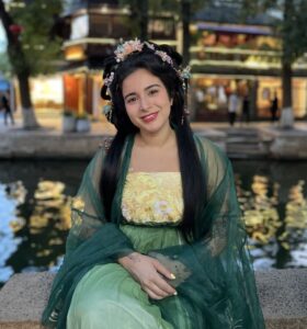 Students trying on traditional Chinese Hanfu costumes in Zhujiajiao Shanghai