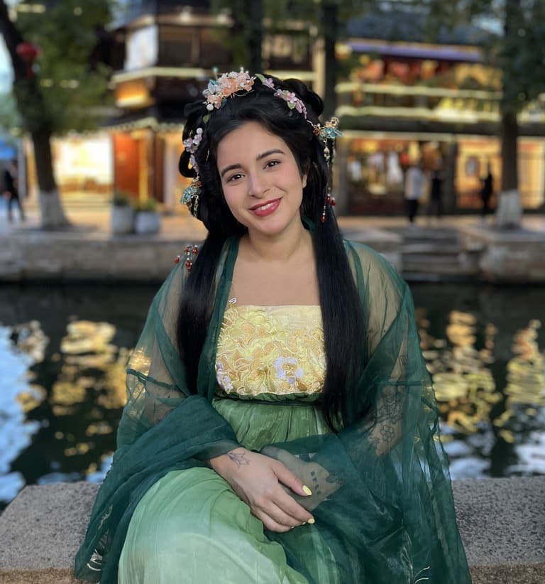 Students trying on traditional Chinese Hanfu costumes in Zhujiajiao Shanghai