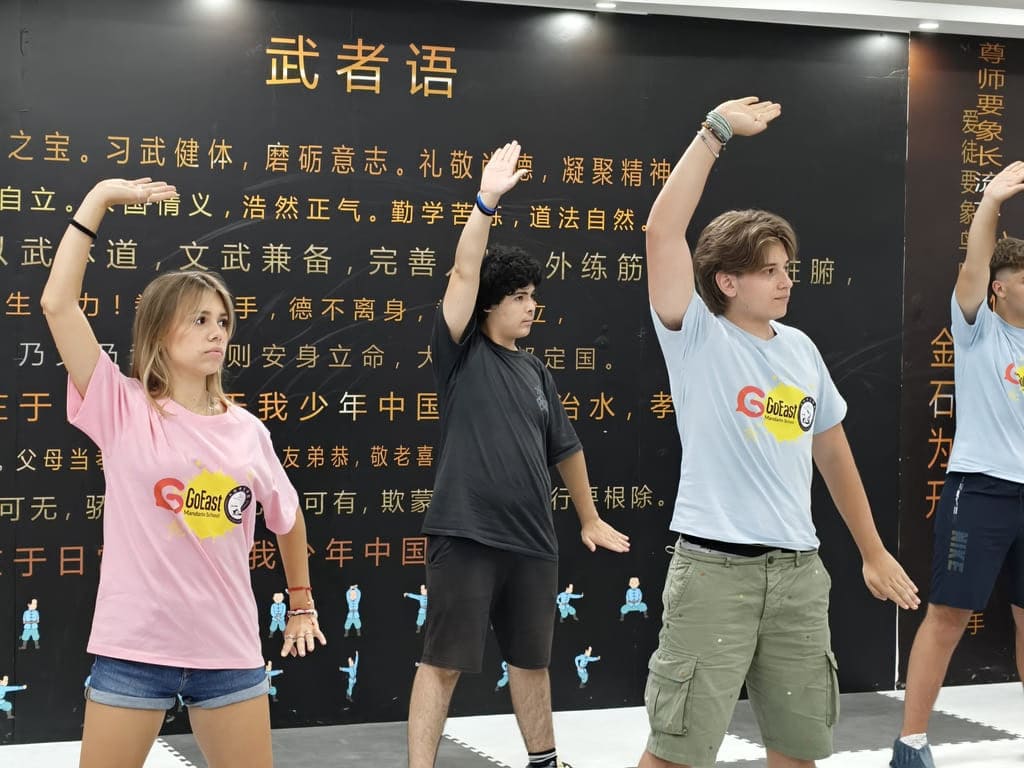 Italian school group students practicing kung fu during a cultural activity