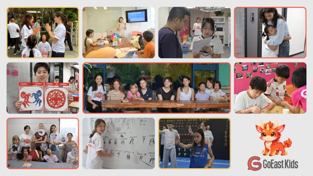 2026 GoEast Kids summer camp moments: kids taking Chinese lessons, joining activities like ink painting, paper cutting, kung fu.