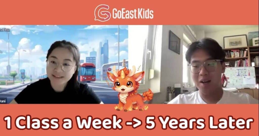 Gunnar, a GoEast Kids student, speaking Chinese with his teacher during an online lesson